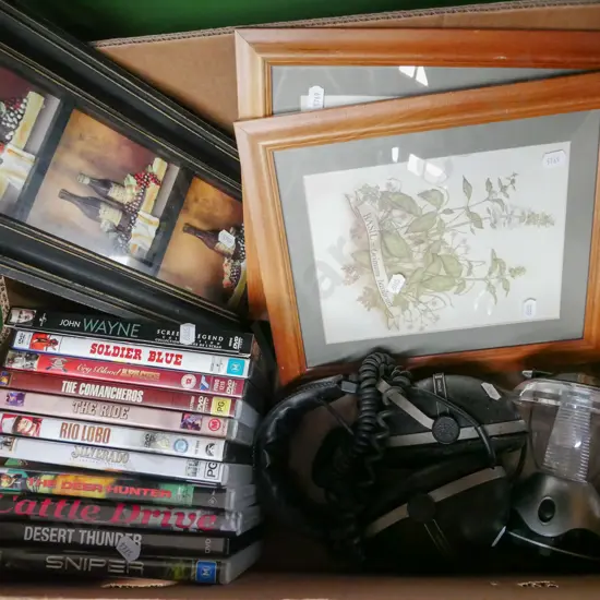 box; herb prints, DVDs, headphone, camping light etc