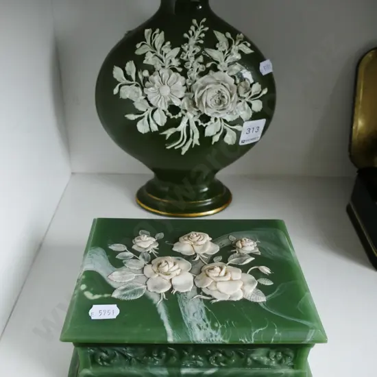 ornate green and white vase, Marlstone trinket box