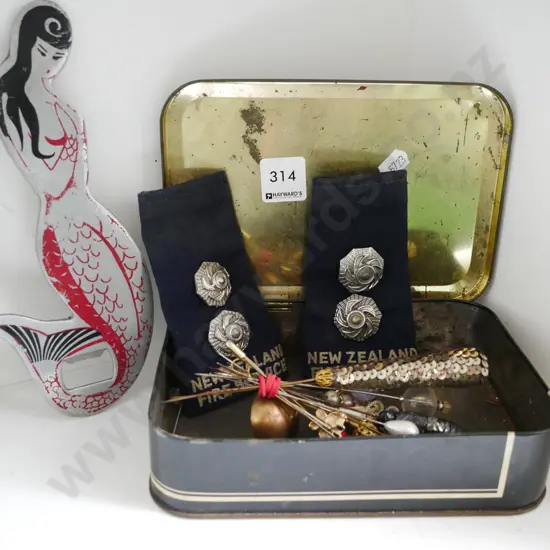vintage tobacco tin, mermaid bottle opener, hat pins, fire brigade epaulette