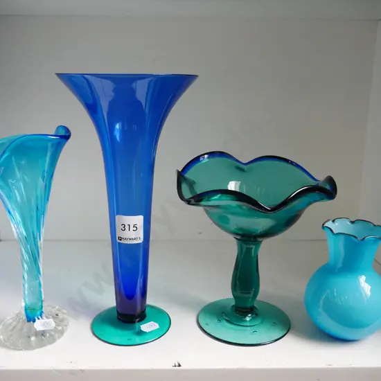 3x blue glass vases, glass comport, Tallest H-235