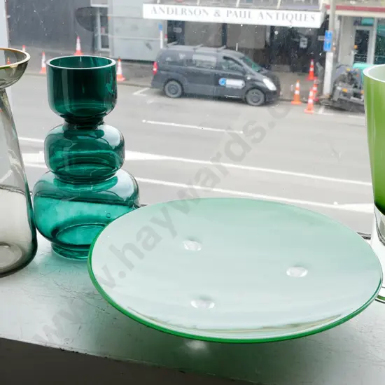 3x glass vases, large green glass footed bowl Diam-330