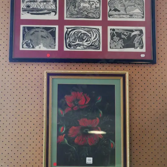 framed 6x First Nation prints, framed pastel - poppies - red dots