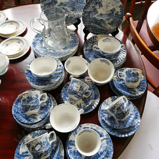 cut glass water jug, assorted Ridgway Meadow Sweet dinner items; cups, bowls, plates