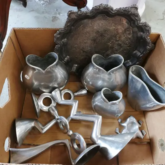 box; cast alloy vases, candlesticks,plated ware tray