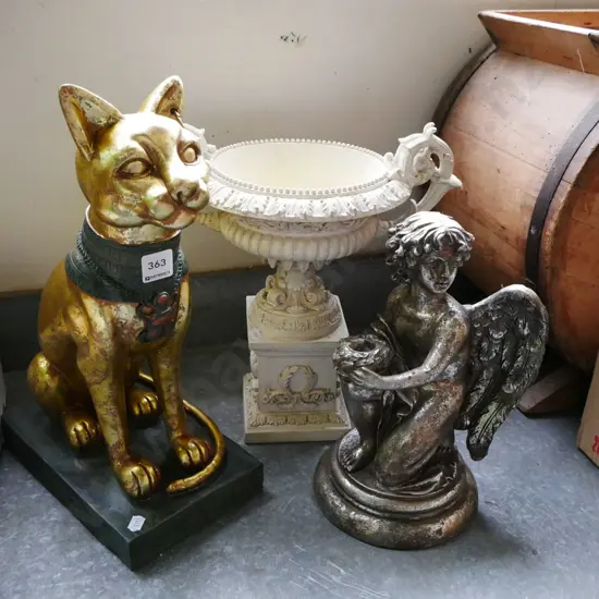 angle  themed candlestick, large composite vase on stand, Egyptian themed cat figurine H-400