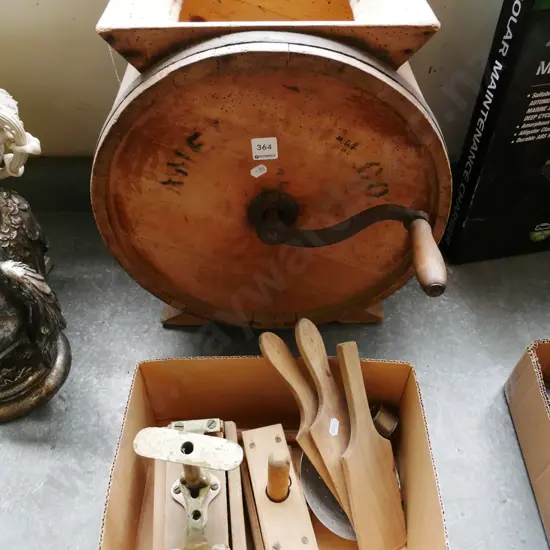vintage butter churn (some borer)  and accessories