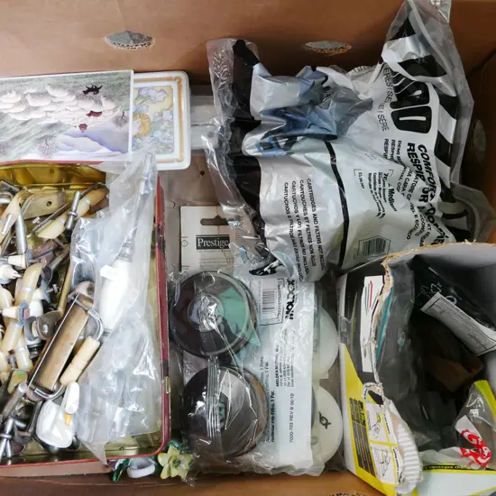 box; cupboard door hardware, respirator, drawer runners etc