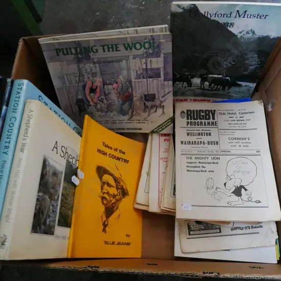 box; NZ high country station books, 1970s rugby programmes
