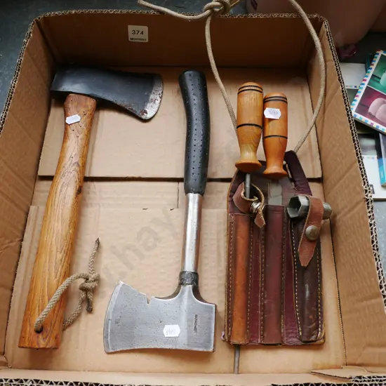 box; hatchets, chainsaw tools and files in holster
