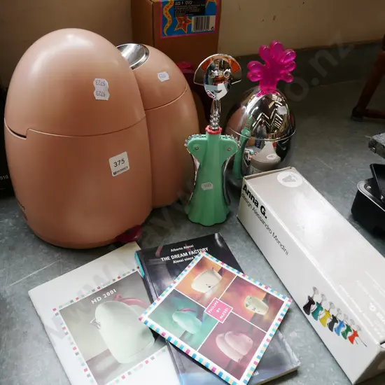 Alberto Alessi designer coffee machine, bottle opener, memory container