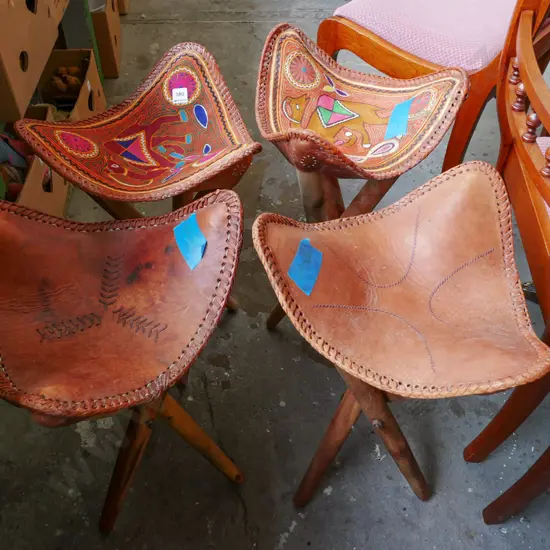 4x leather topped collapsable  stools, 1x carry bag - 2 stools have extensive needlework