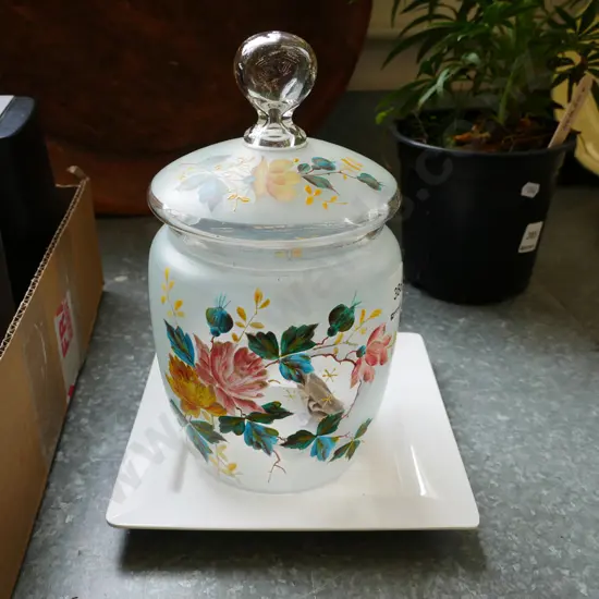hand painted glass lidded canister, small square plate H-230