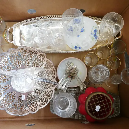 box; cut crystal tumblers, vases, plates, forks etc
