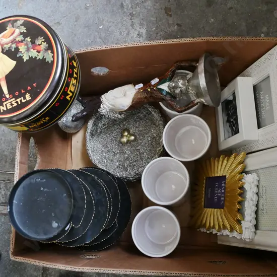 box; candlesticks, jardiniere stand, picture frames etc