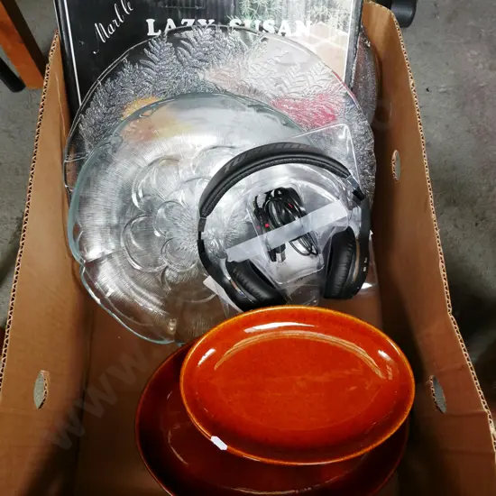 box; glass bowls, headphones, Temuka steak  plates etc