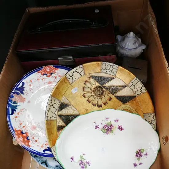 box; plates, money box, jewellery box, small floral lidded sugar