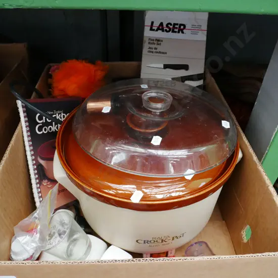 box; crock pot, spare lid, knife set, glass paperweights etc
