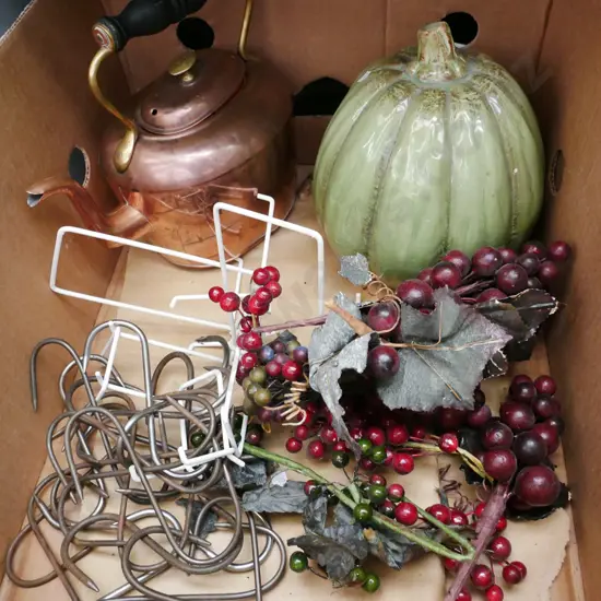 box; plate stands, metal hooks, faux fruit, ceramic pumpkin, copper teapot