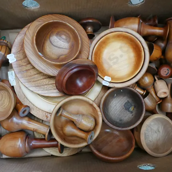 box; wooden plates, bowls, vases