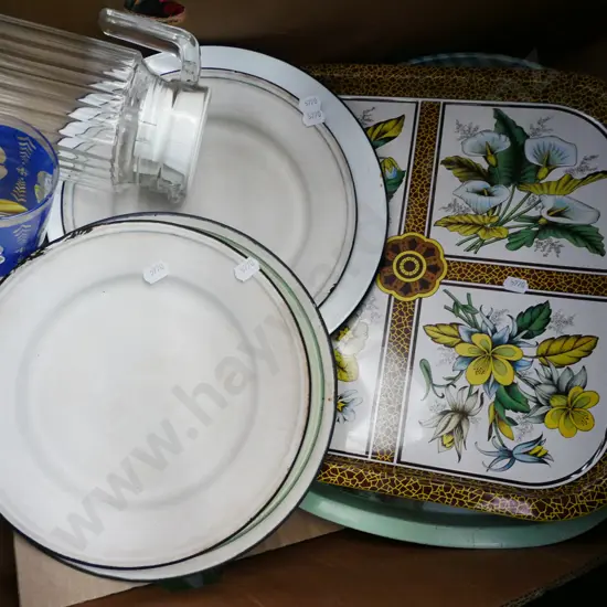 tin trays, enamel bowls, water jug