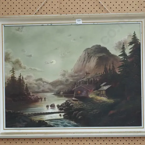 framed oil on board - village by lake