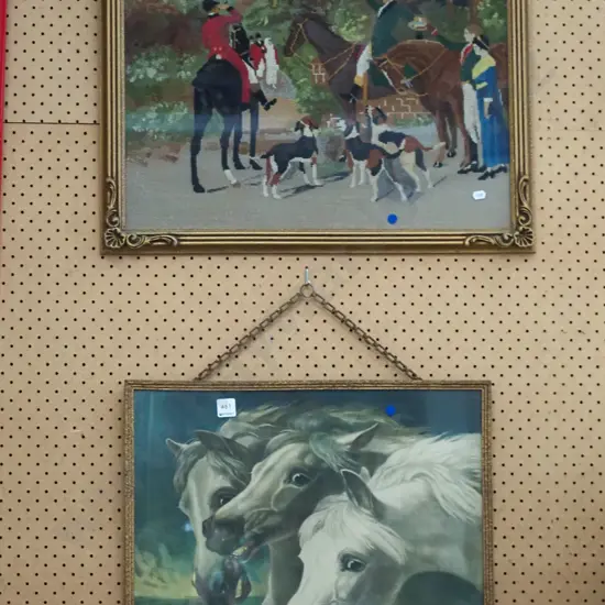 framed hunting needlework, framed horses print