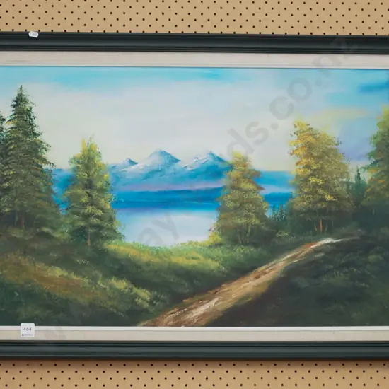 framed oil - lake and mountain scene