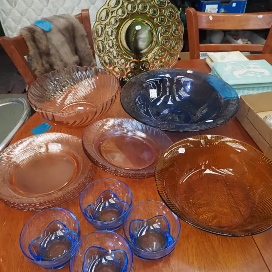coloured glass; serving plates, bowls, sweet dishes