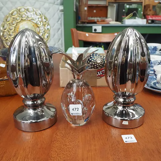 2x ceramic chrome ornaments, glass pineapple candlestick