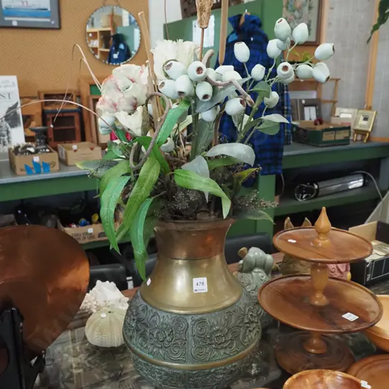 tall brass vase and faux flowers H-420