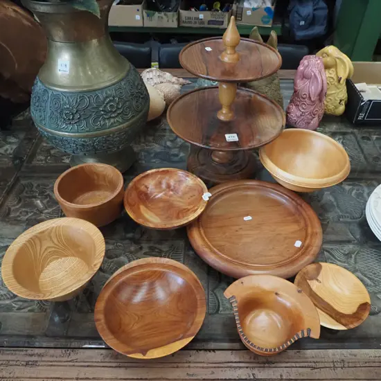 various wooden bowls, cake stand