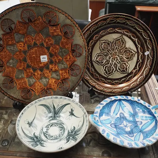 2x etched copper wall chargers, 2x hand painted studio pottery bowls