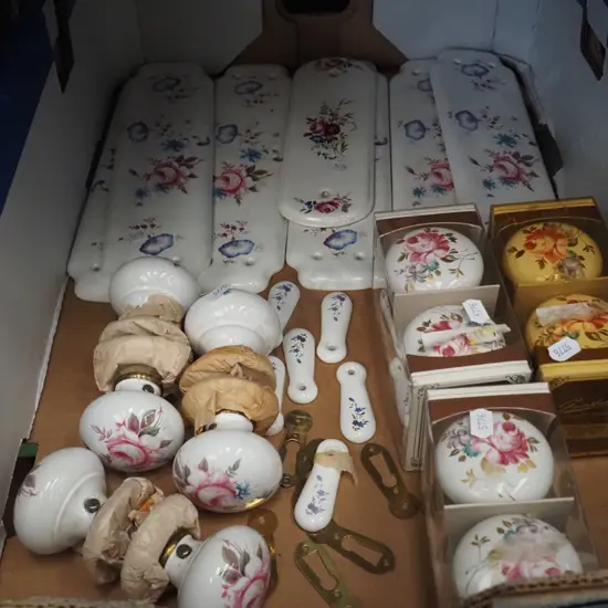 box; floral ceramic door hardware, handles etc