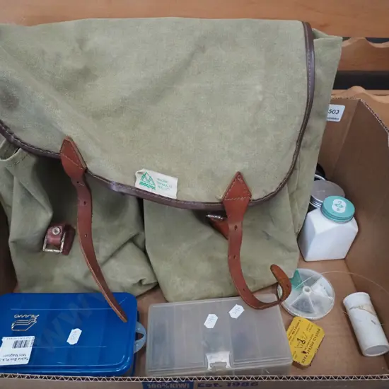 box; fishing items, lures, fishing bag, lines etc