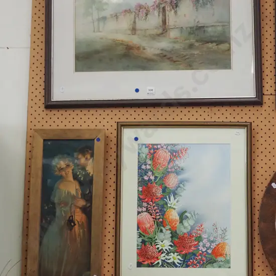 2x framed watercolors,framed 1930s glamour print - blue dots