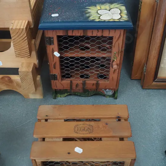 2 timber and wire egg holders, one is hand painted