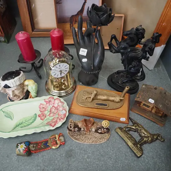 allsorts; candlesticks, anniversary clocks, horse figurine, Carlton dish etc