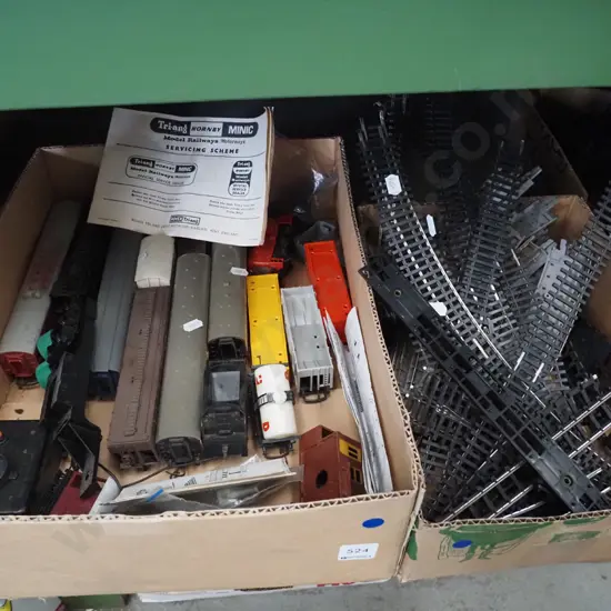 box of railway carriages etc, box of tracks - blue dots