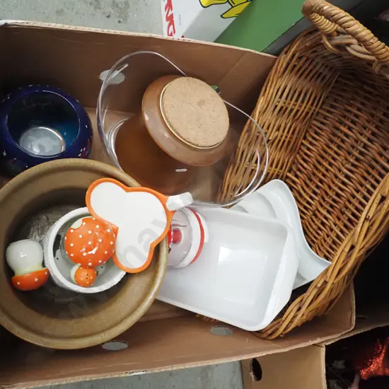 box; cane basket, glass baking dishes, plastic bowls etc