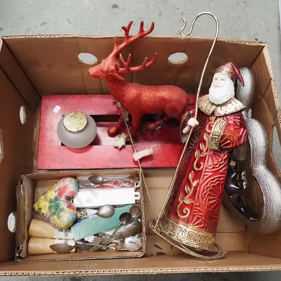 box; Xmas decorations, souvenir teaspoons etc