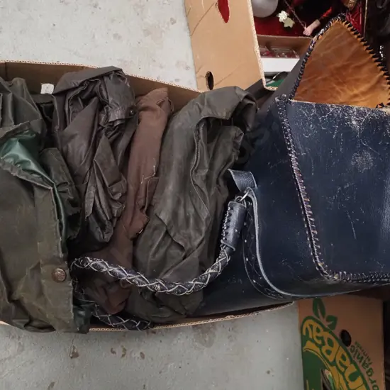 box; wet weather gear, blue leather satchel