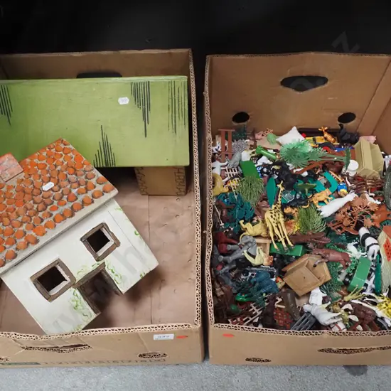 box; dollshouse, farm shed, box; plastic animals, fencing etc - red dots