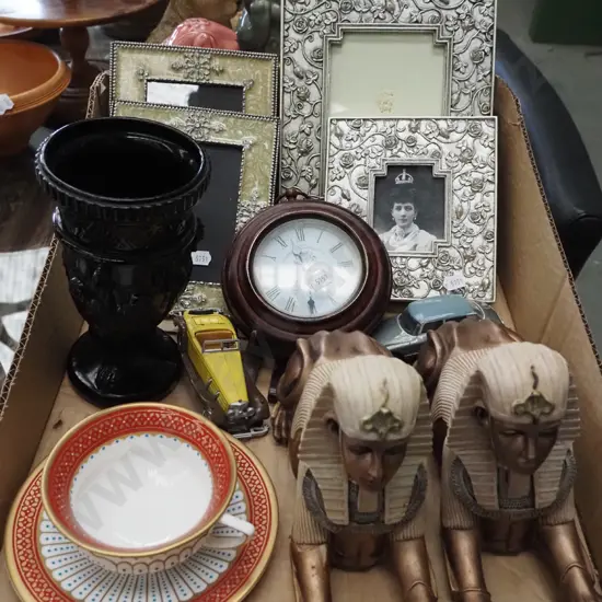 box; cup, saucer, small reproduction wall clock, photo frames etc