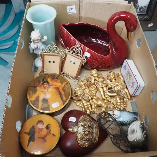 box; swan vase, glass vase, golden cherubs etc