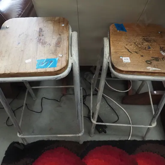 2x metal based wood stools - different heights