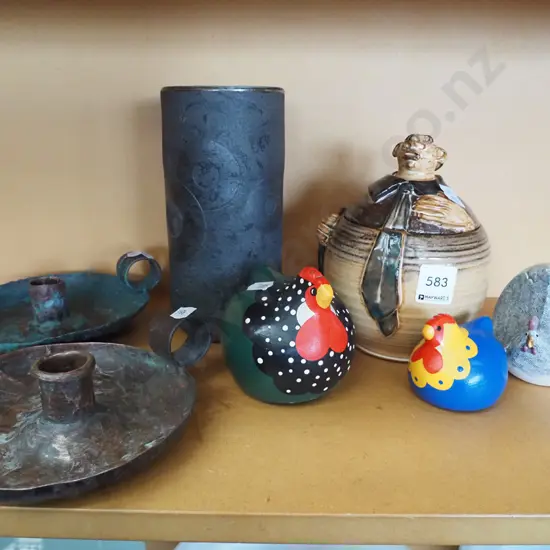 2x candlesticks, happy hems, novelty lidded canister, studio pottery vase