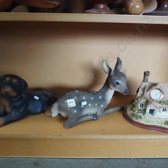 2 composite animal figurines, composite cottage mantle clock
