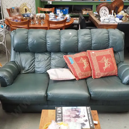green leather rolled arm 3 seater settee