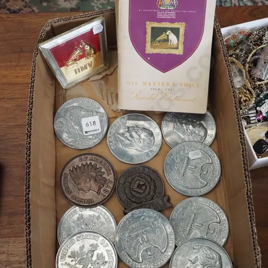 box; various large reproduction American coins, HMV plaque, catalogue