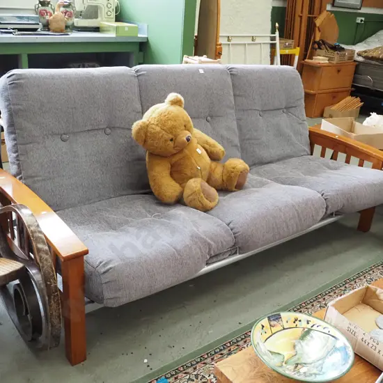 wood and grey upholstered 3 seater divan bed